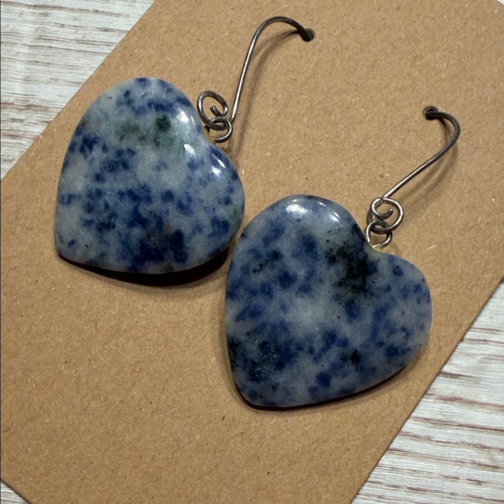 Heart-Shaped Sodalite Gemstone Blue and White Dangle Earrings